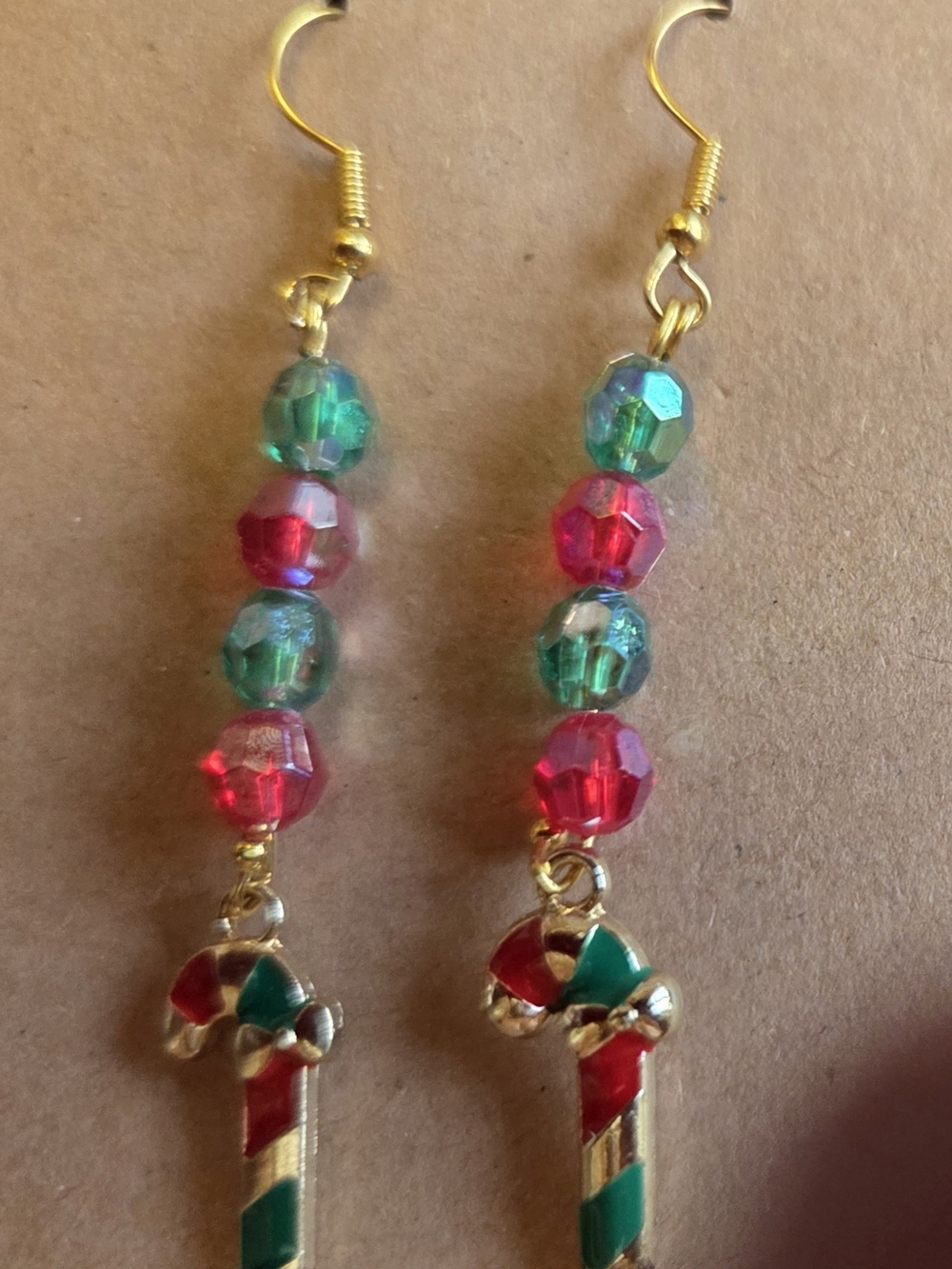 Holiday Red & Green Candy Cane Bead Drop Earrings